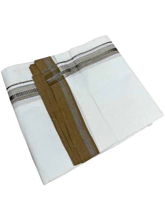 Southloom Pure White Cotton Mundu with Silver Line & Brown Border (South Indian Kerala Dhoti)