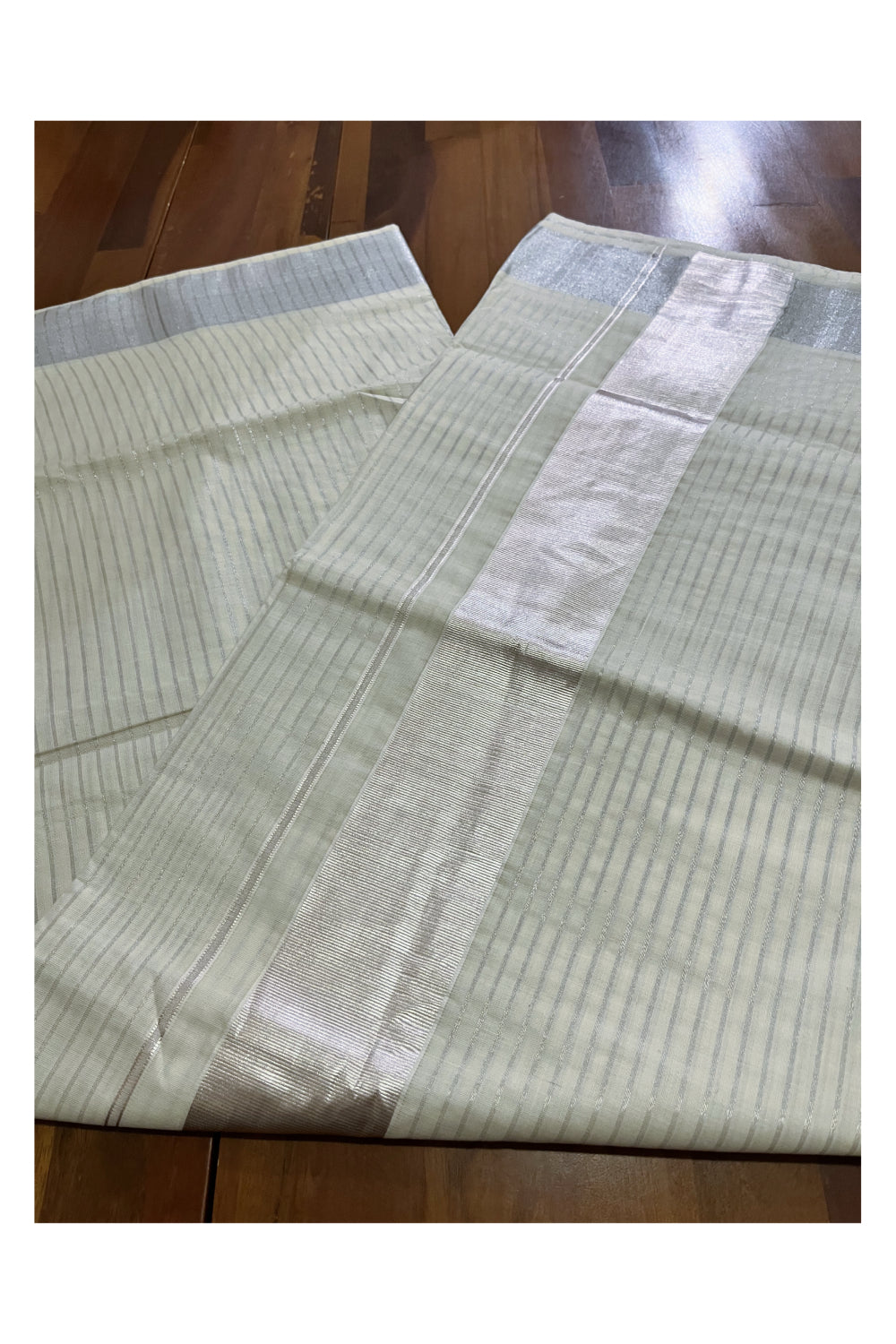 Pure Cotton Kerala Kasavu Saree with Half Fine Silver Kasavu Lines Across Body