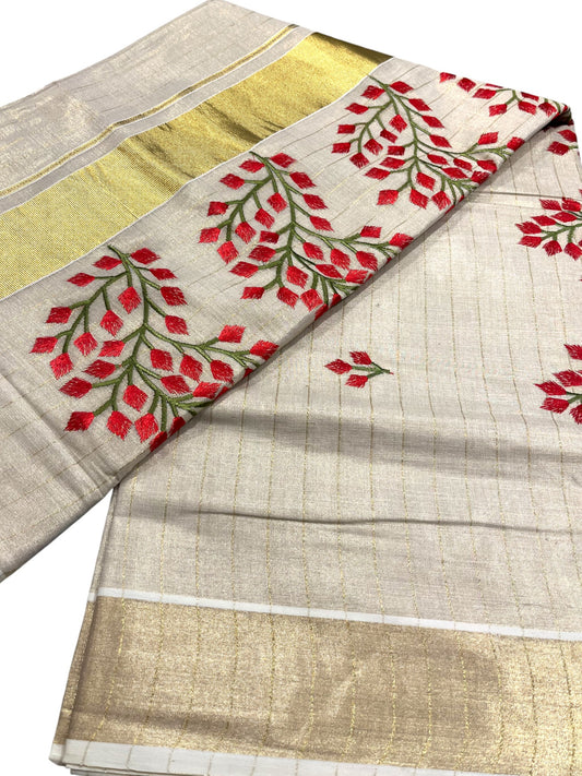 Southloom Tissue Kerala Kasavu Stripes Saree with Floral Embroidery Design