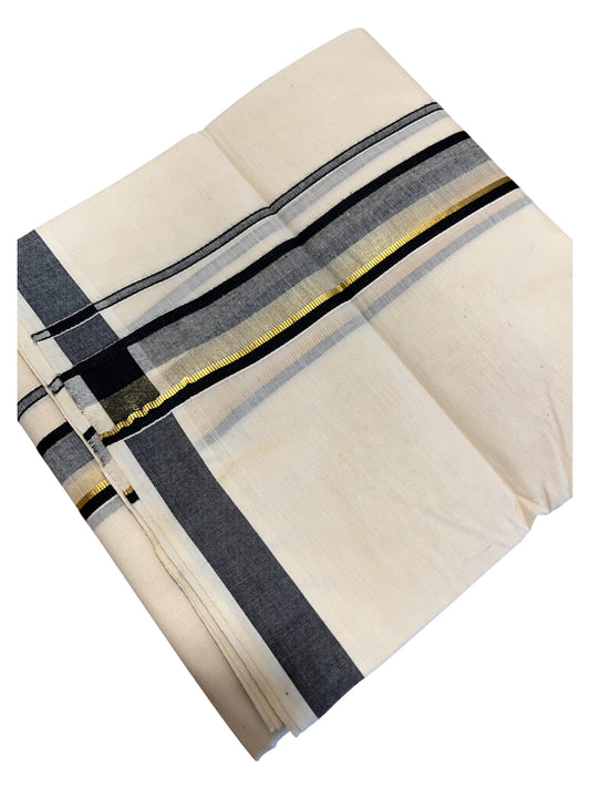 Southloom Pure Cotton Double Mundu With Gold Kasavu And Black & Gray Border (South Indian Kerala Dhoti)