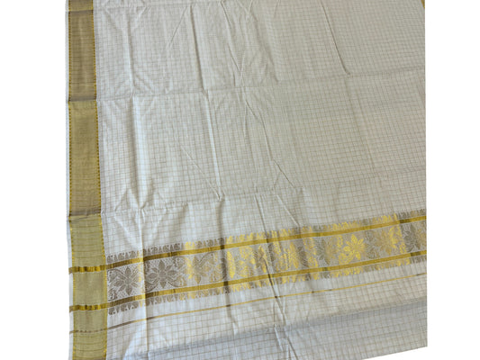 Southloom Pure Cotton Kerala Kasavu Check Saree with Woven Work