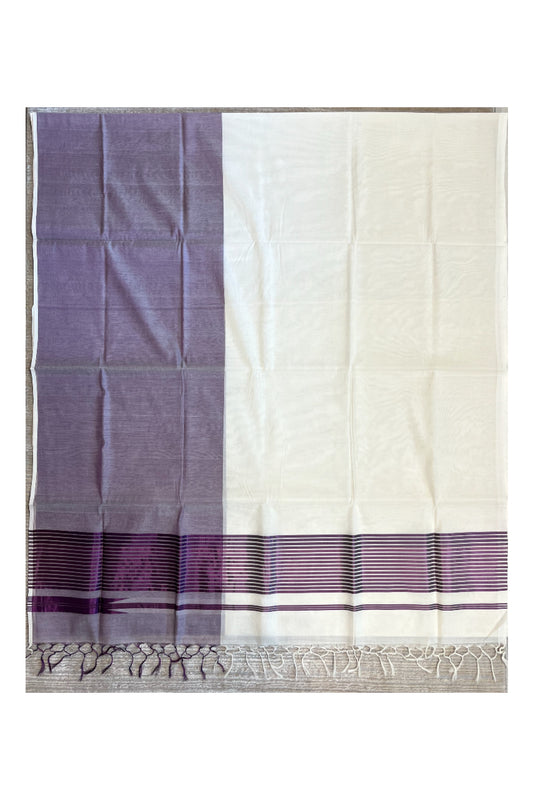 Southloom™ Premium Handloom Half & Half (Cotton / Tissue) Kerala Saree with Violet Kasavu Pallu