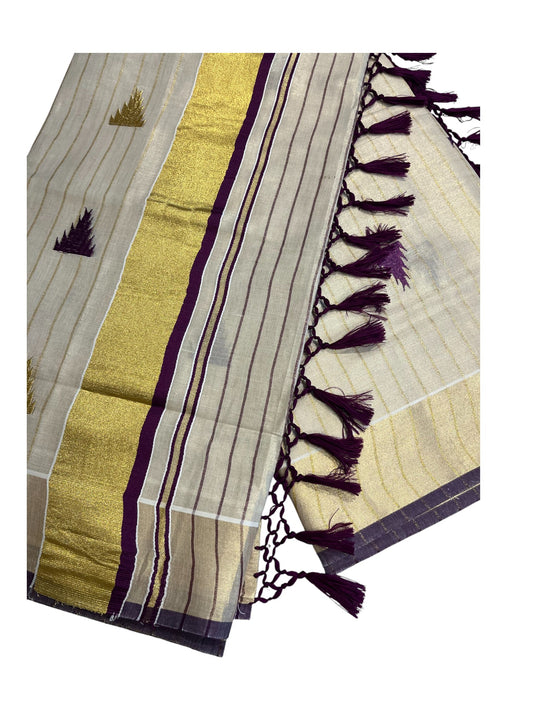 Southloom Kerala Tissue Kasavu Line Saree with Purple Temple Embroidery Works