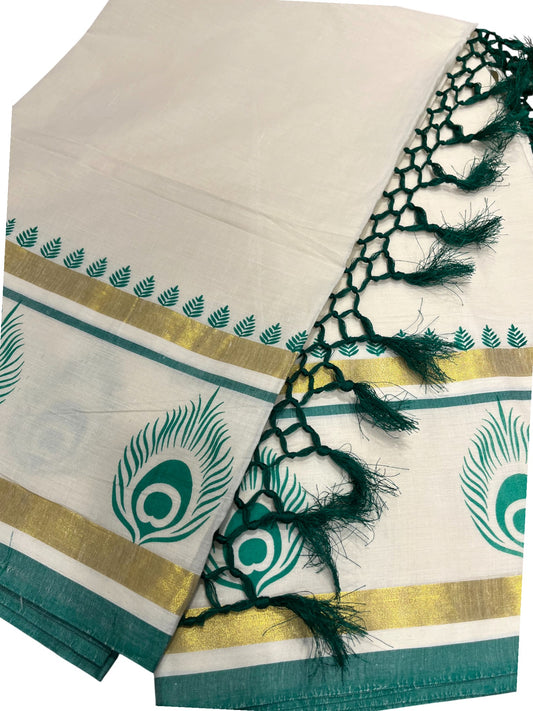 Southloom Cotton Kasavu Saree with Hand Printed Design on Border