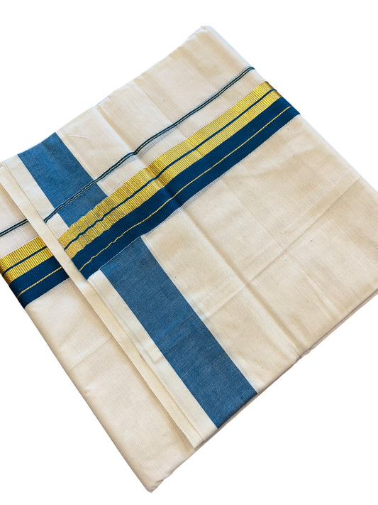 Southloom Kerala Pure Cotton Double Mundu with Gold Lines & Blue Border (South Indian Dhoti)