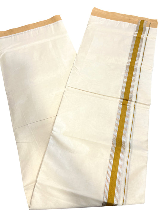 Southloom Kerala Pure Cotton Double Mundu with Silver Lines & Yellow Border (South Indian Dhoti)