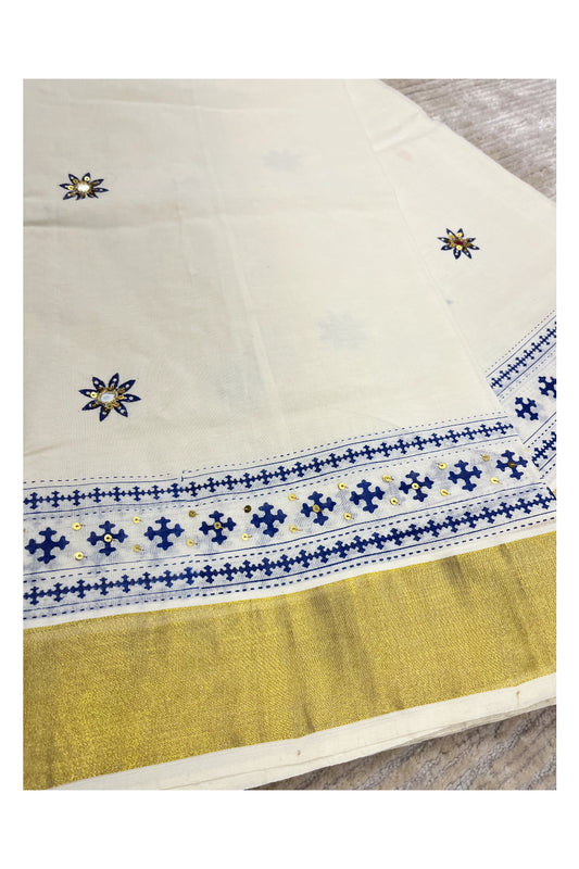 Southloom Blue Block Print Kasavu Saree with Sequins Work on Prints