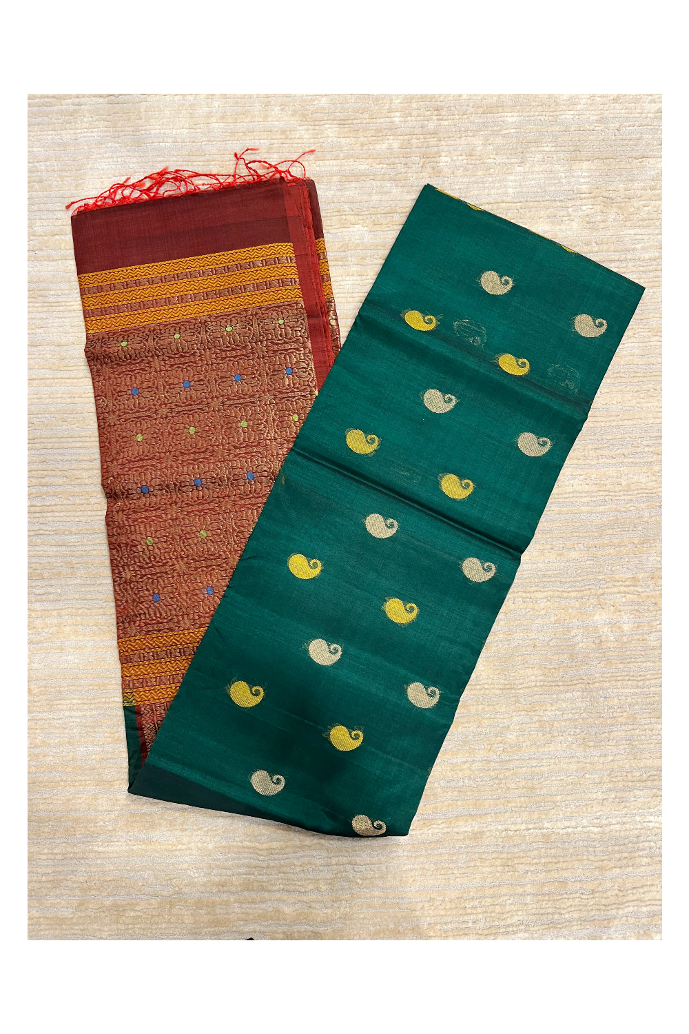 Southloom Pure Handloom Cotton Silk Saree With Handwoven Work Across Body and Blouse in Green And Brown