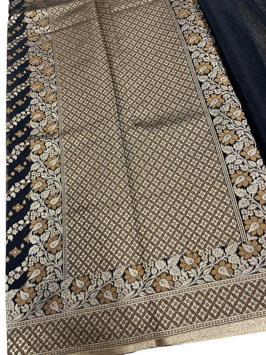 Southloom Cotton Banarasi Silk Saree with Woven Work on Body and Borders (Black & Yellow)