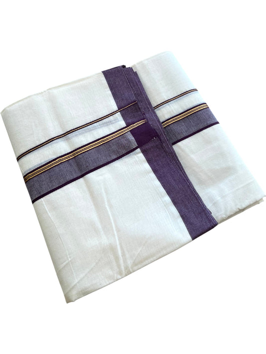 Southloom Pure Cotton Mundu with Golden Lines and Purple Border (South Indian Kerala Dhoti)