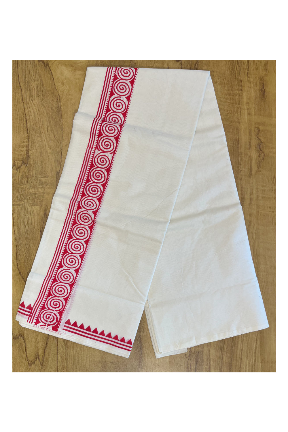 Pure Cotton Off White Double Mundu with Block Prints on Pink Kara (South Indian Dhoti)