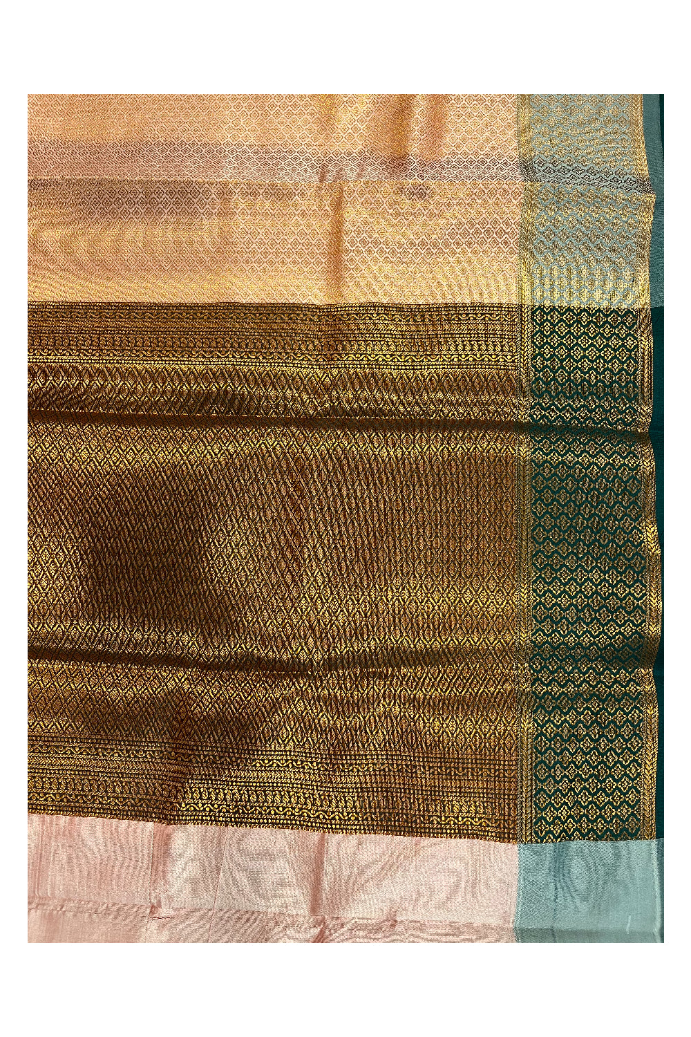 Southloom Banarasi Silk Brocade Bridal Saree WIth Woven Borders And Blouse Piece in Beige And Green