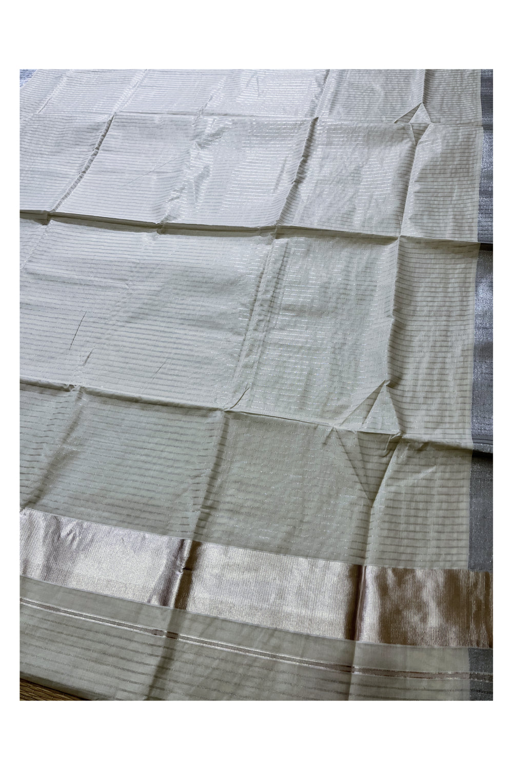Pure Cotton Kerala Kasavu Saree with Half Fine Silver Kasavu Lines Across Body