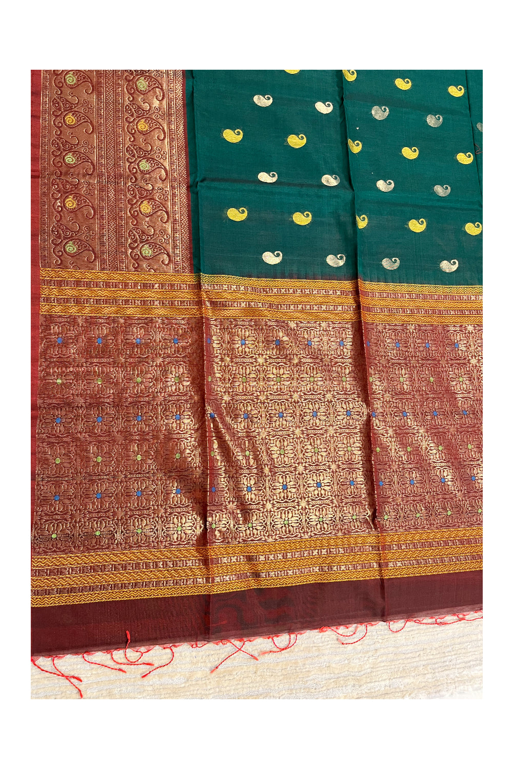 Southloom Pure Handloom Cotton Silk Saree With Handwoven Work Across Body and Blouse in Green And Brown