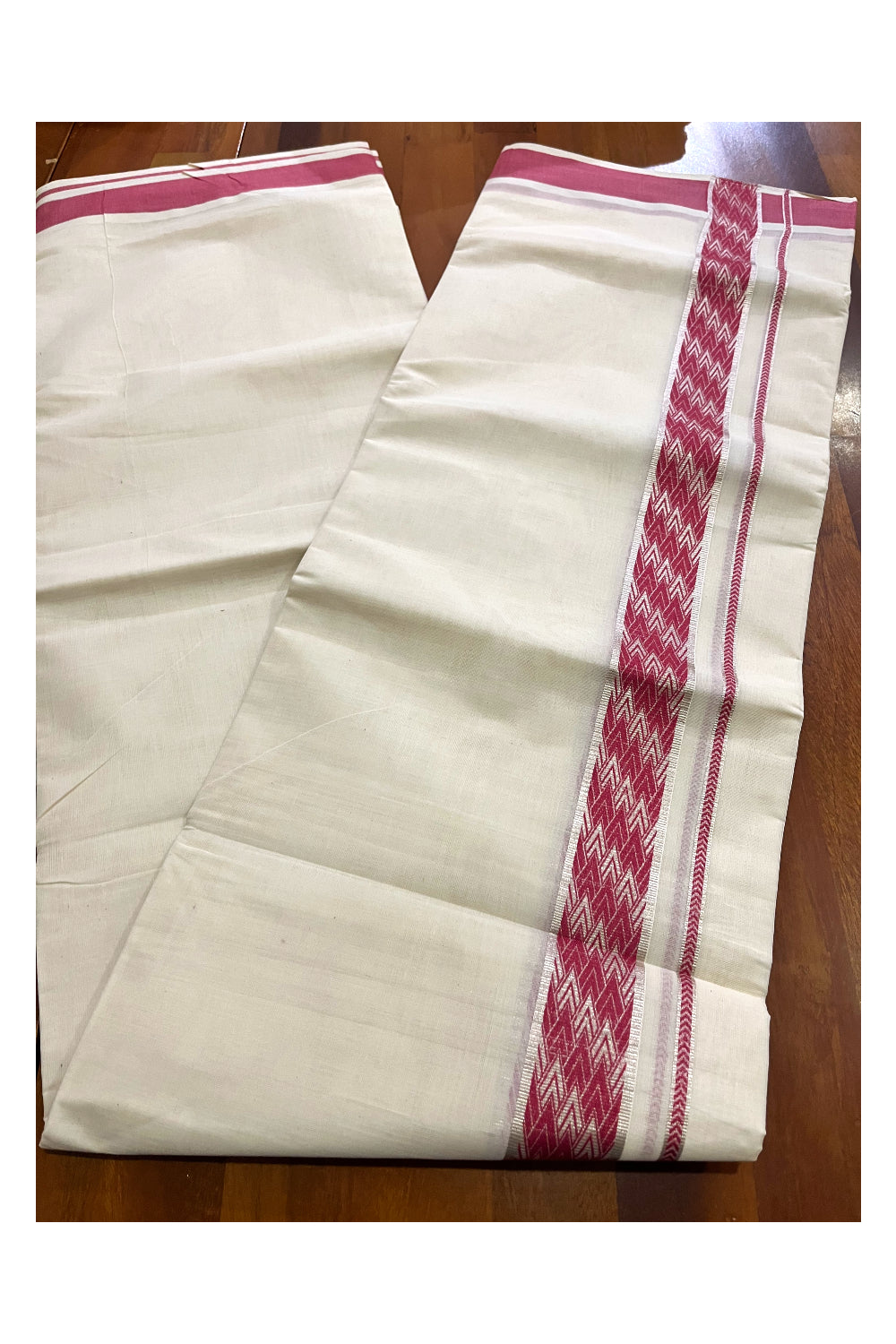 Kerala Pure Cotton Double Mundu with Silver Kasavu and Pink Woven Border