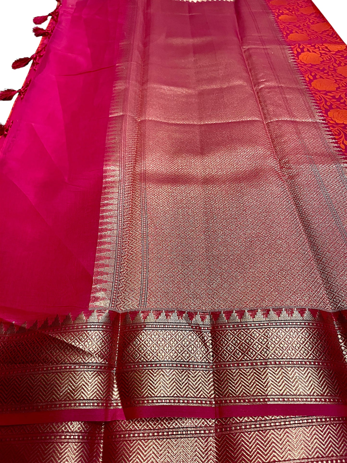 Southloom Cotton Banarasi Silk Saree with Woven Work on Body and Borders (Orange and Magenta)