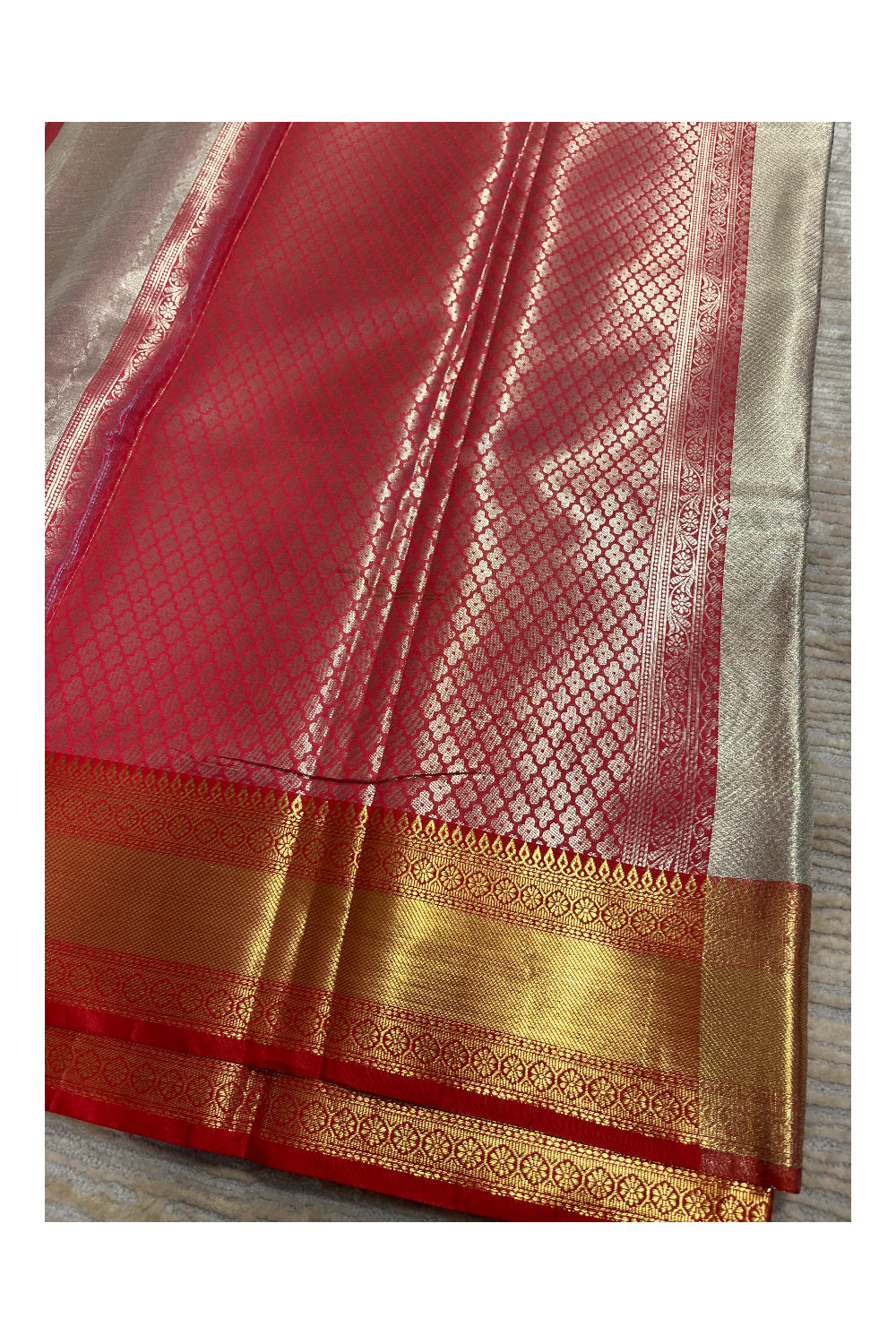 Southloom Tissue Silk Saree with Woven Work on Body and Borders (Silver & Red)