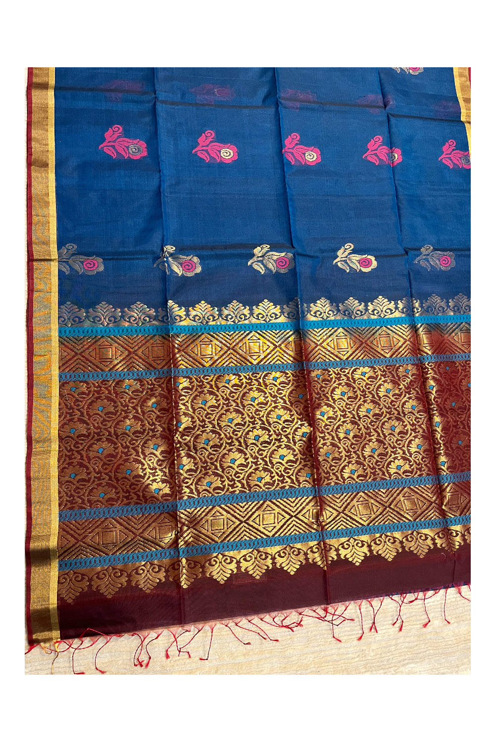 Southloom Pure Handloom Cotton Silk Saree With Handwoven Work Across Body and Blouse in Blue And Maroon