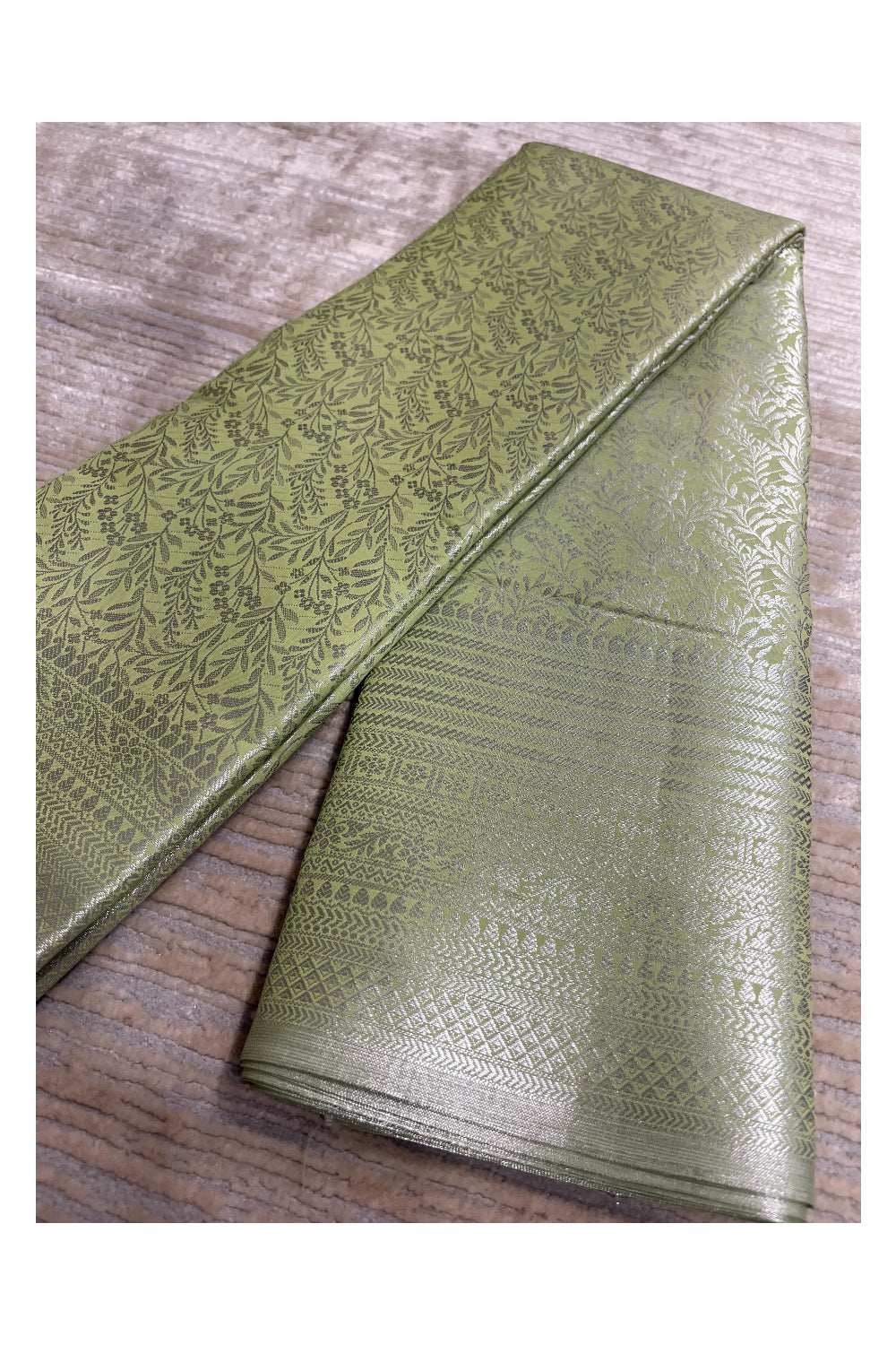 Southloom Banarasi Silver Zari Brocade Work Silk Saree in Green Pastel Shade