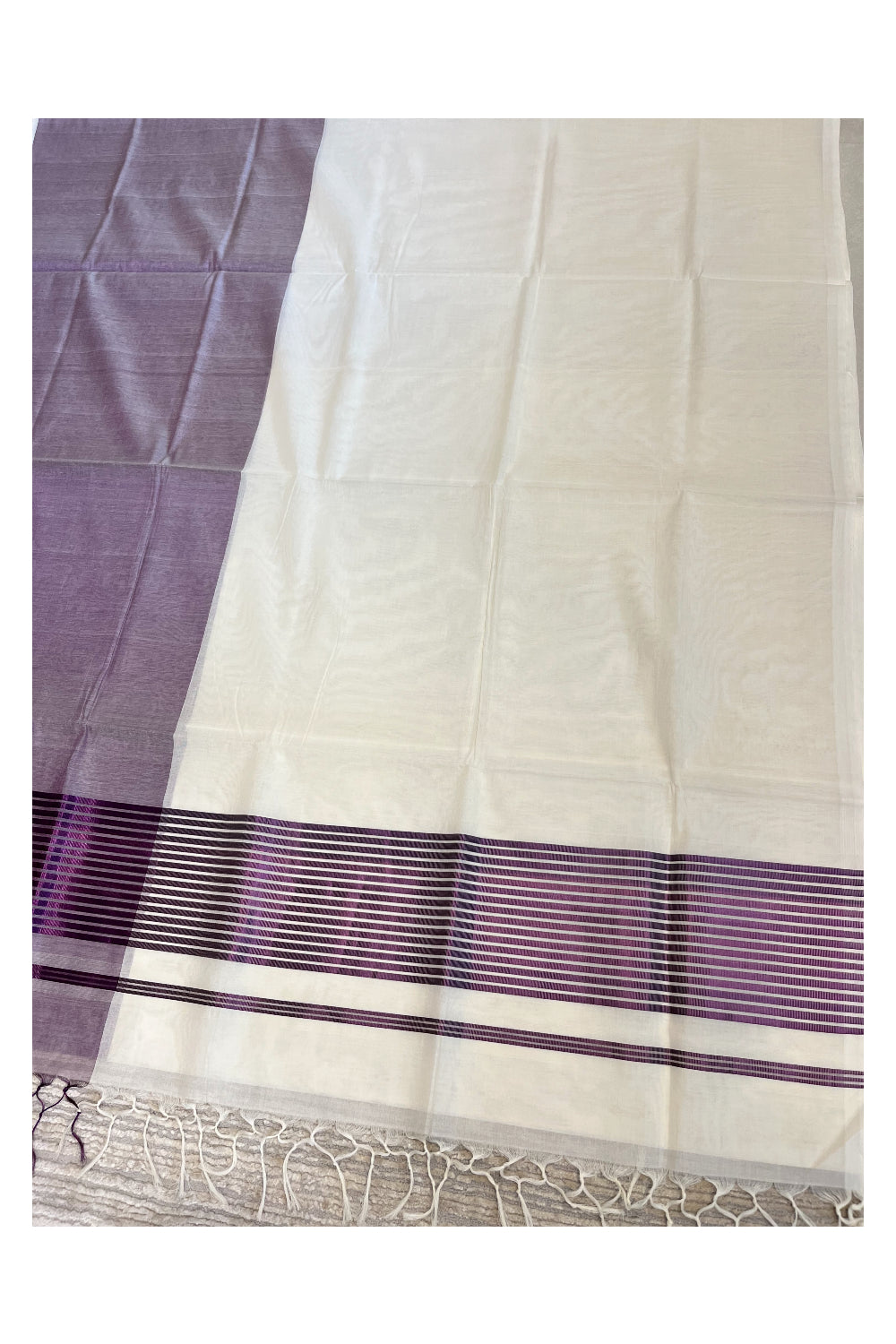Southloom™ Premium Handloom Half & Half (Cotton / Tissue) Kerala Saree with Violet Kasavu Pallu
