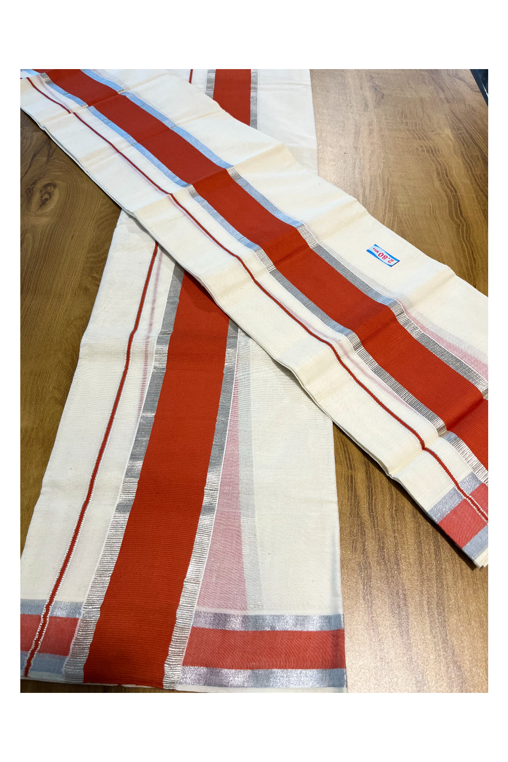 Kerala Cotton Mundum Neriyathum Single (Set Mundu) with Dark Orange and Silver Kasavu Border 2.80 Mtrs