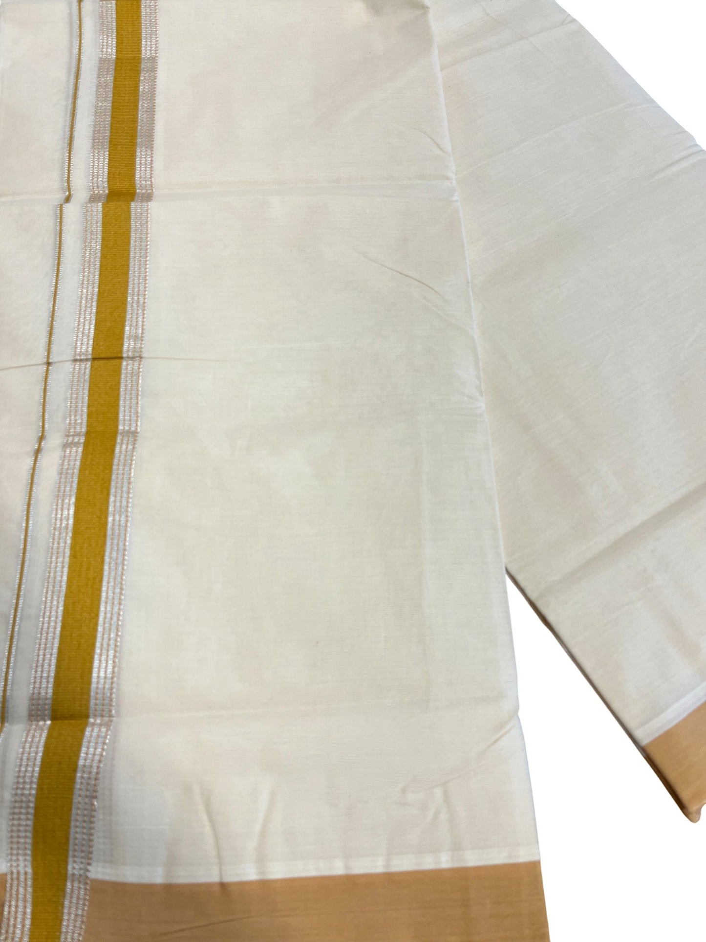 Southloom Kerala Pure Cotton Double Mundu with Silver Lines & Yellow Border (South Indian Dhoti)