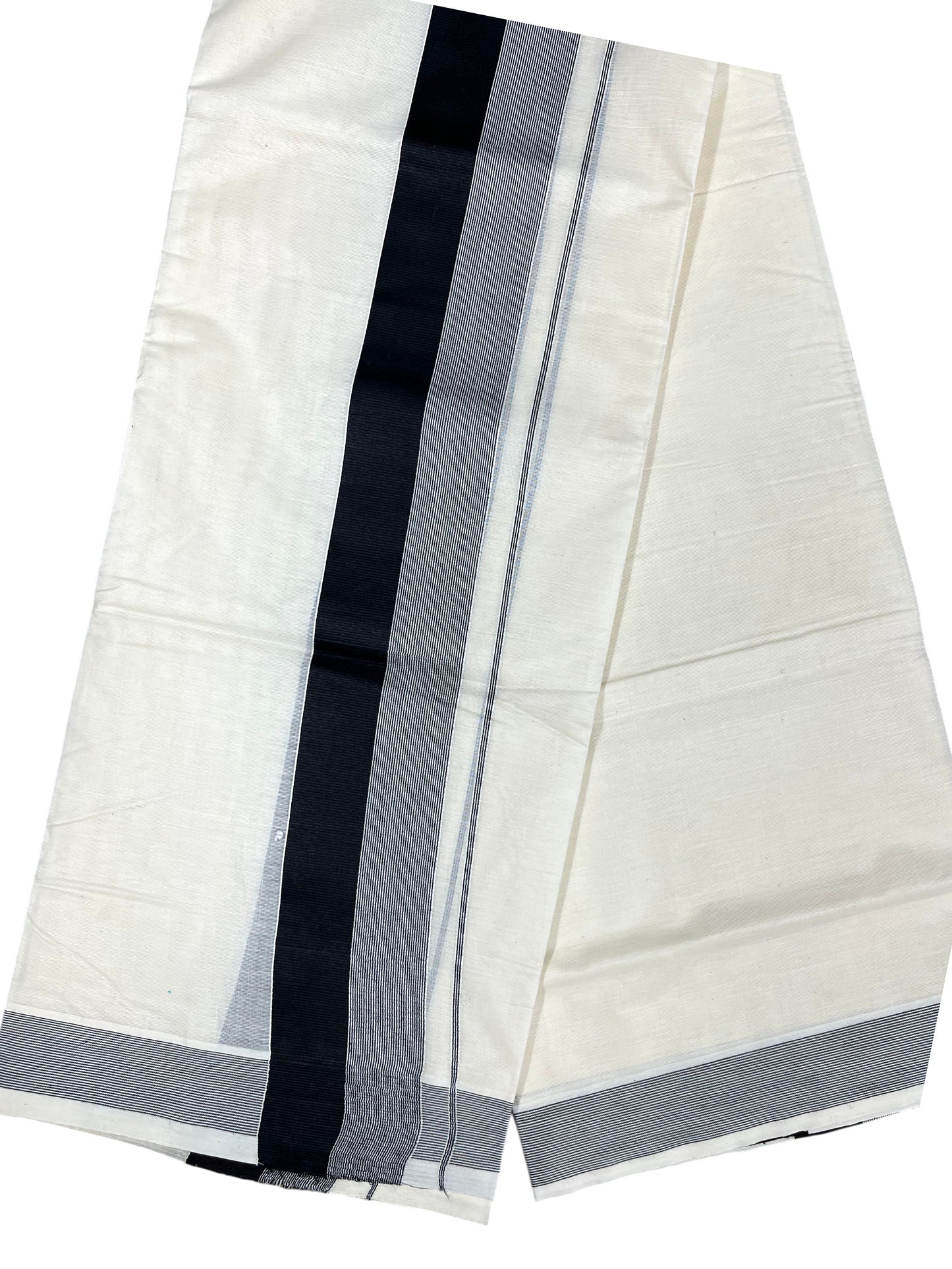Southloom Kerala Pure Cotton Double Mundu with Black Lines And Black Border (South Indian Kerala Dhoti)