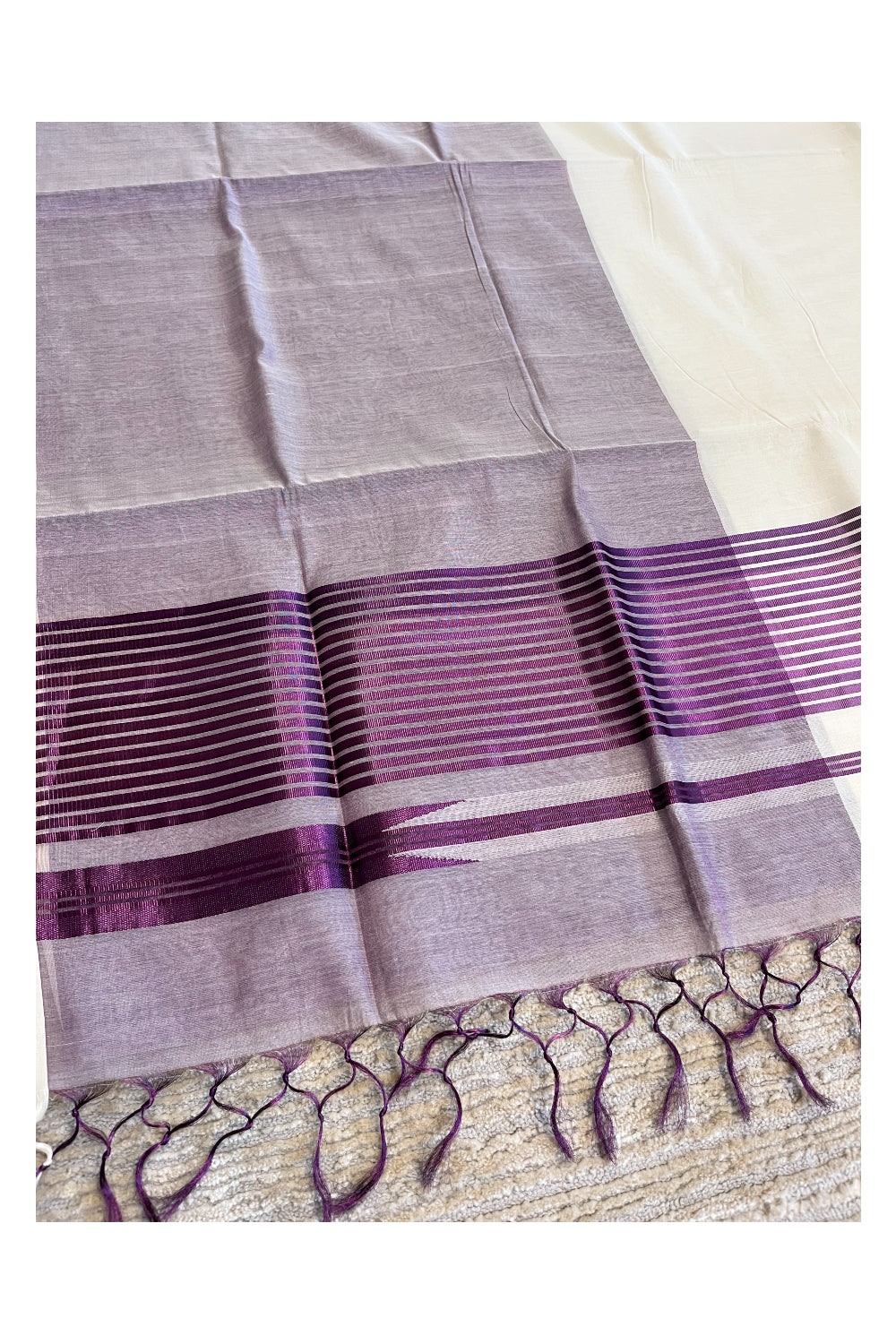 Southloom™ Premium Handloom Half & Half (Cotton / Tissue) Kerala Saree with Violet Kasavu Pallu