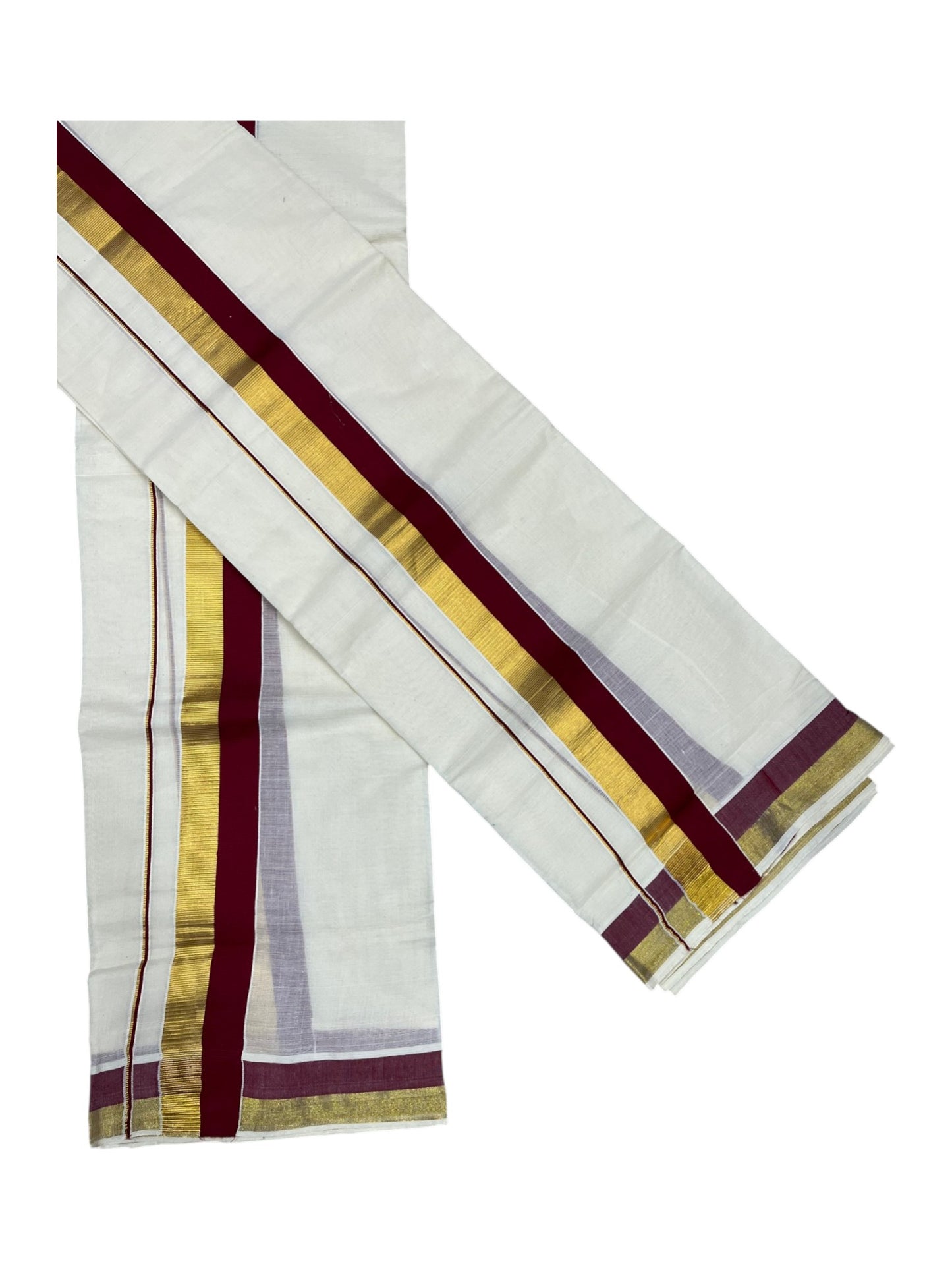 Kerala Cotton Set Mundu (Mundum Neriyathum) with Maroon and Kasavu Border 2.80 Mtrs