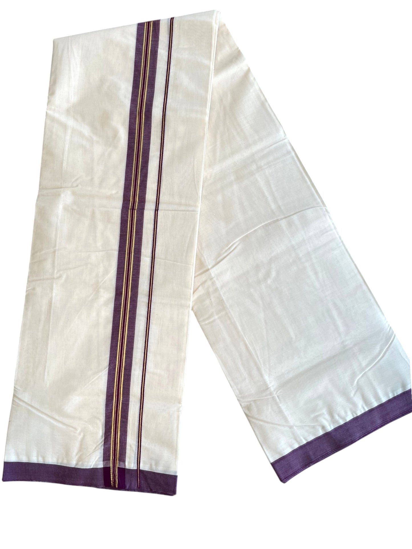 Southloom Pure Cotton Mundu with Golden Lines and Purple Border (South Indian Kerala Dhoti)