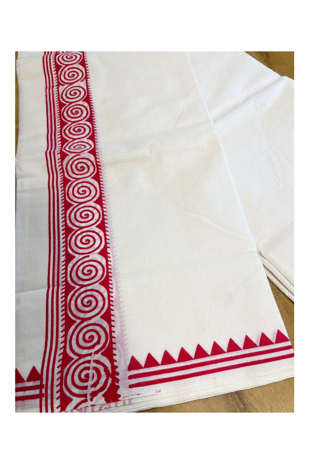 Pure Cotton Off White Double Mundu with Block Prints on Pink Kara (South Indian Dhoti)
