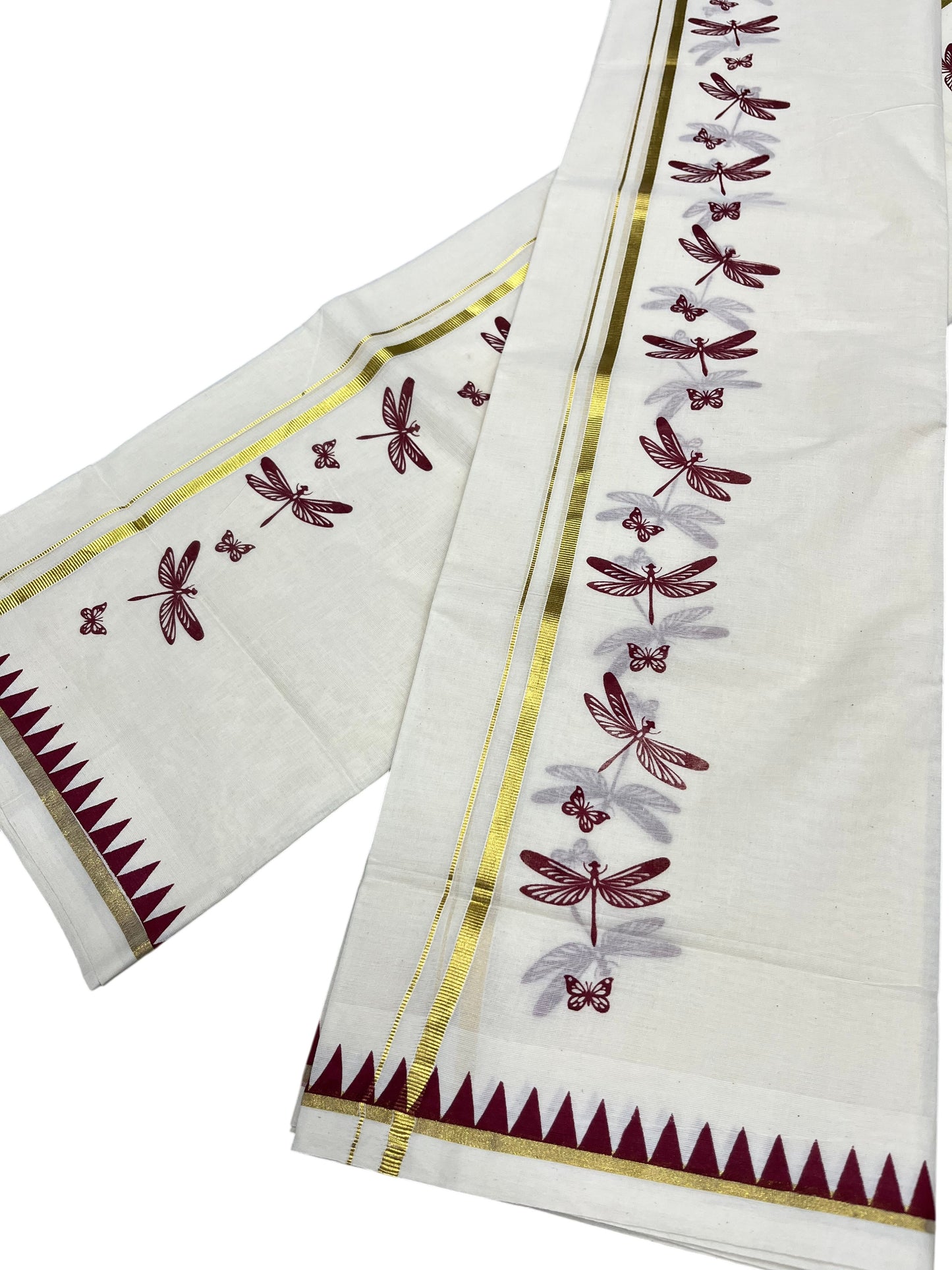 Southloom Kerala Cotton Single Set Mundu (Mundum Neriyathum) with Maroon Thumbi Block Printed Design And Gold Kasavu 2.80Mtrs SL151