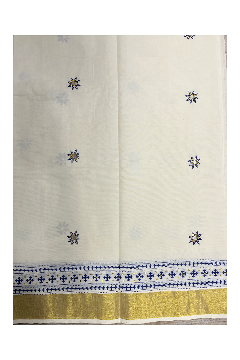 Southloom Blue Block Print Kasavu Saree with Sequins Work on Prints