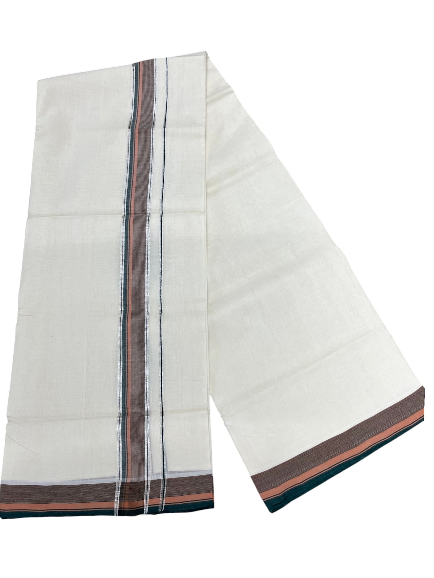 Southloom Balaramapuram Unakkupaavu Premium Handloom Cotton Double Mundu with Silver Kasavu and Green and Peach Border