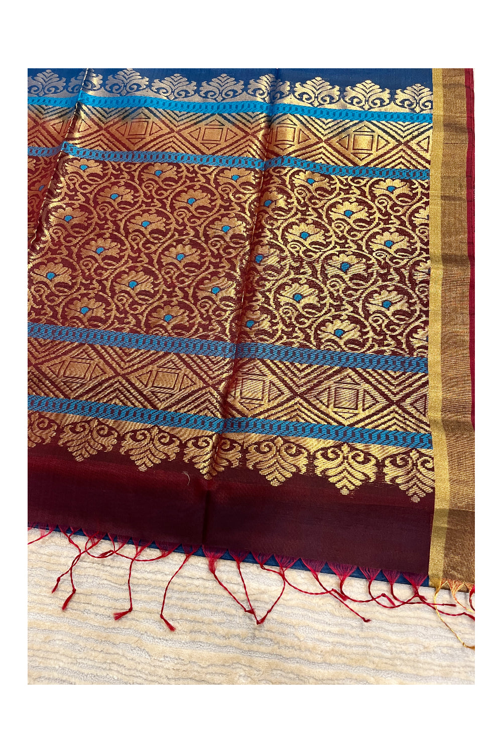 Southloom Pure Handloom Cotton Silk Saree With Handwoven Work Across Body and Blouse in Blue And Maroon