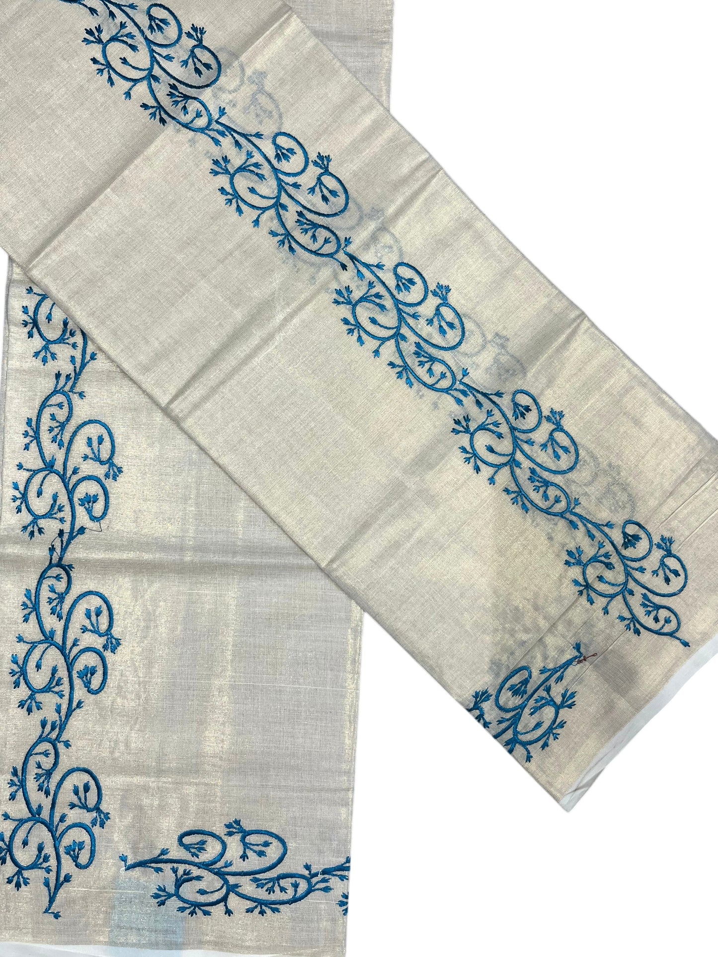 Southloom Kerala Tissue Kasavu Single Set Mundu (Mundum Neriyathum) Blue Embroidery Work