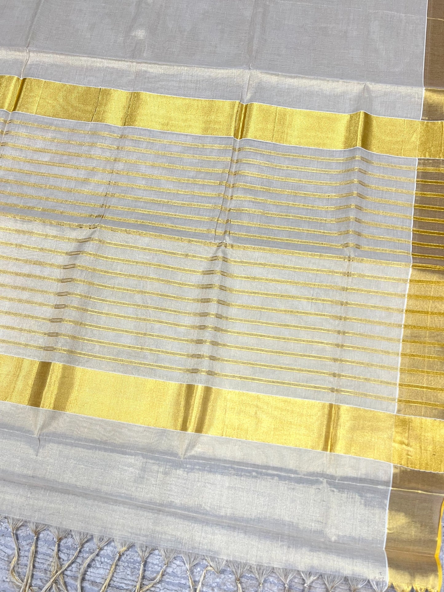 Southloom Kerala Tissue Replica Kasavu Saree with Stripes on Pallu with Tussels SL300