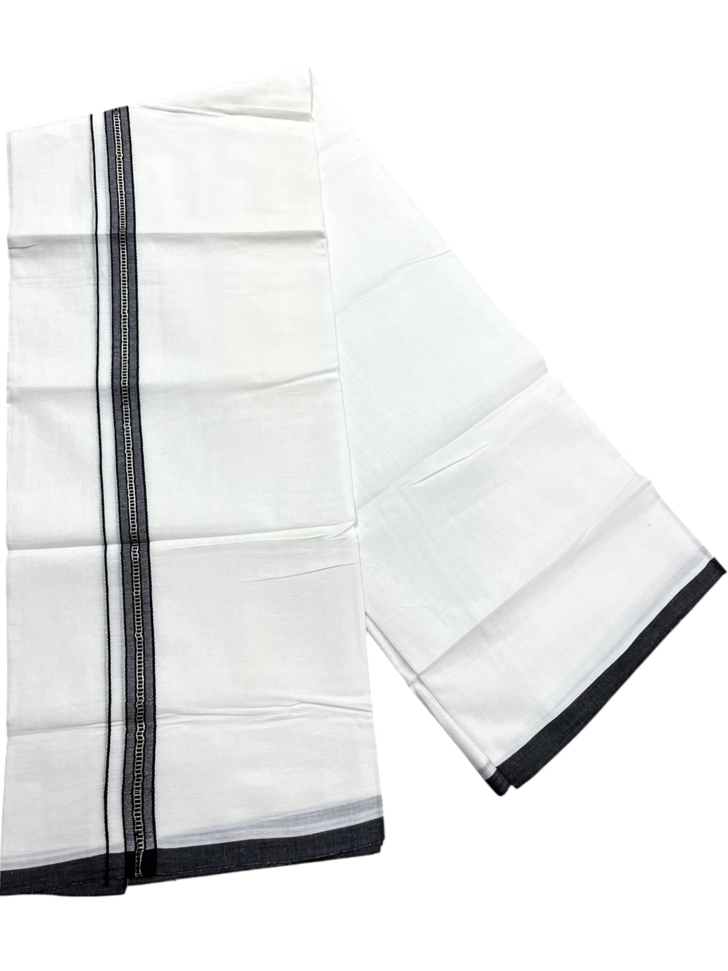 Southloom Pure White Cotton Mundu with Black & Silver Line Border (South Indian Kerala Dhoti)