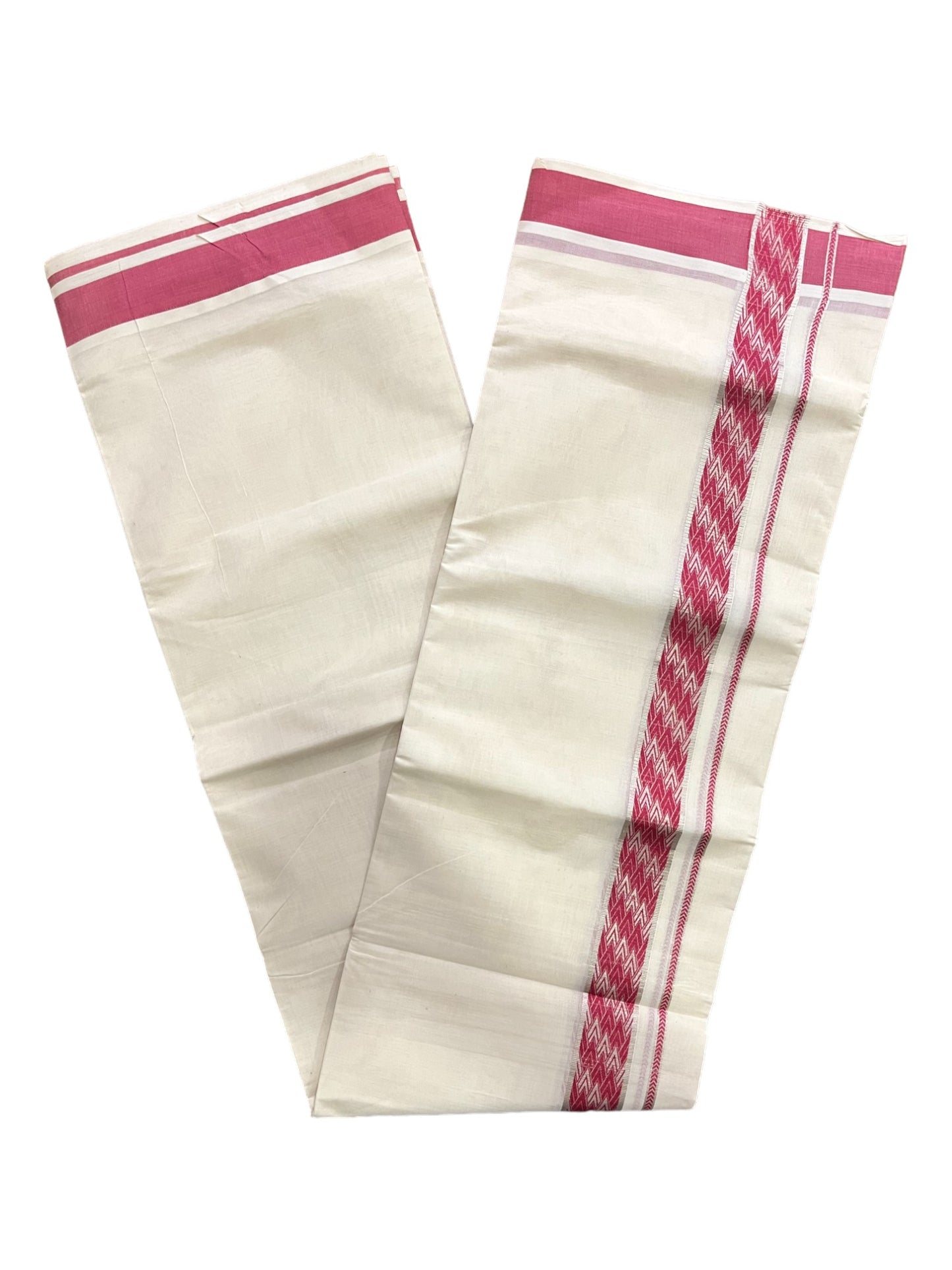 Kerala Pure Cotton Double Mundu with Silver Kasavu and Pink Woven Border