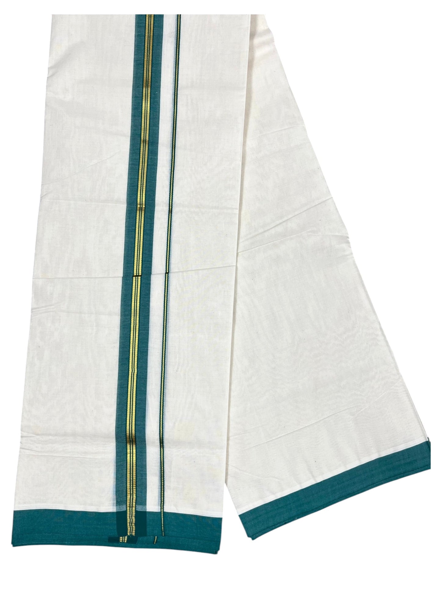 Southloom Pure Cotton Mundu with Gold Lines and Green Border (South Indian Kerala Dhoti)