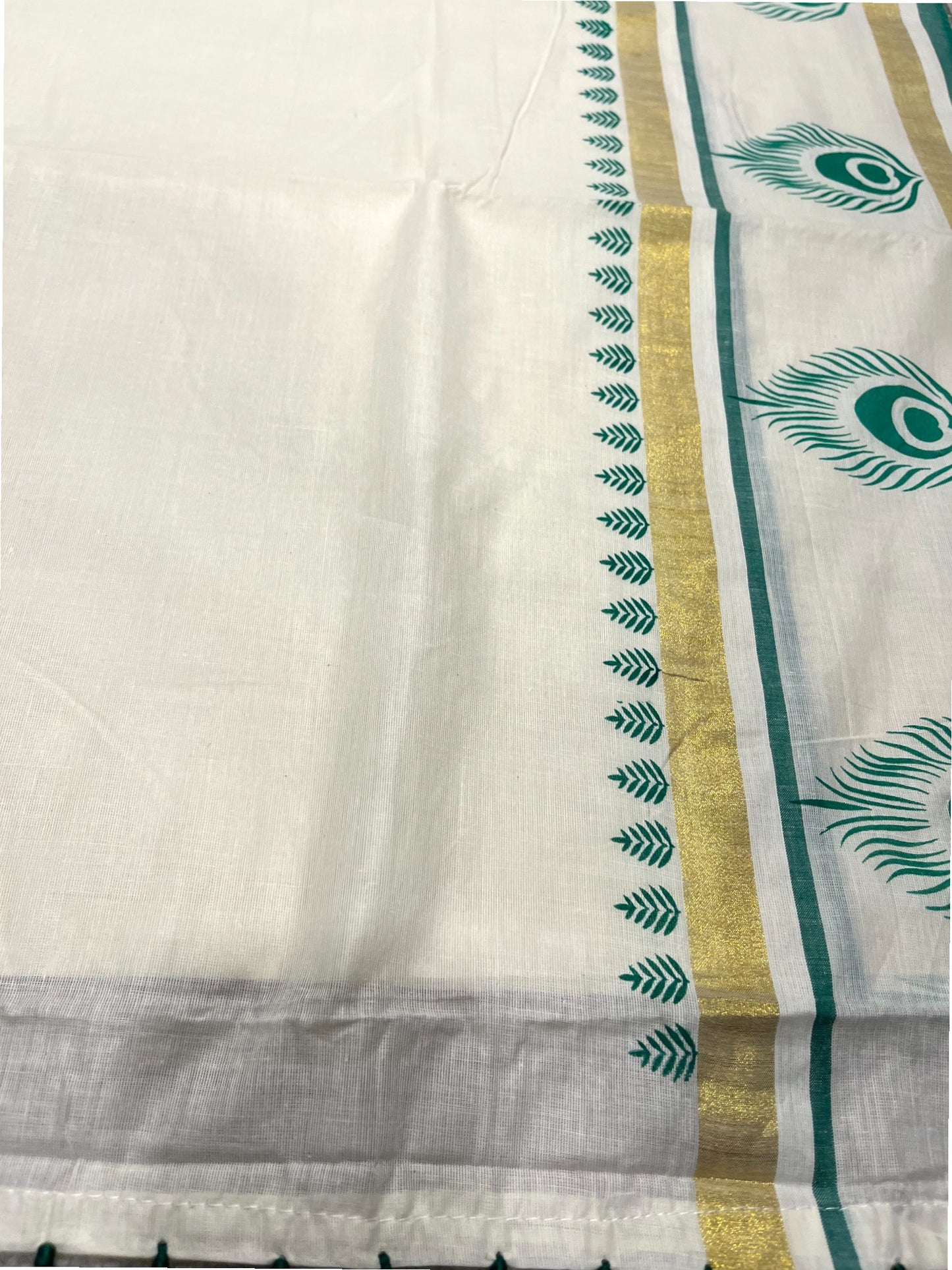 Southloom Cotton Kasavu Saree with Hand Printed Design on Border