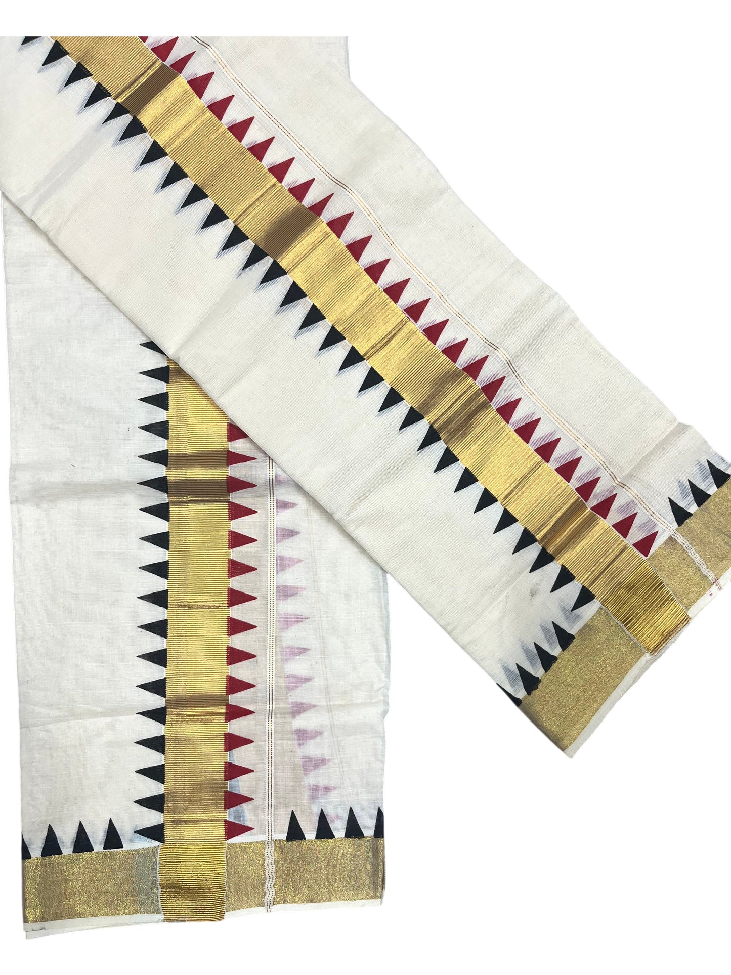 Southloom Kerala Cotton Kasavu Single Set Mundu (Mundum Neriyathum) with Black And Red Temple Design Border SLKK