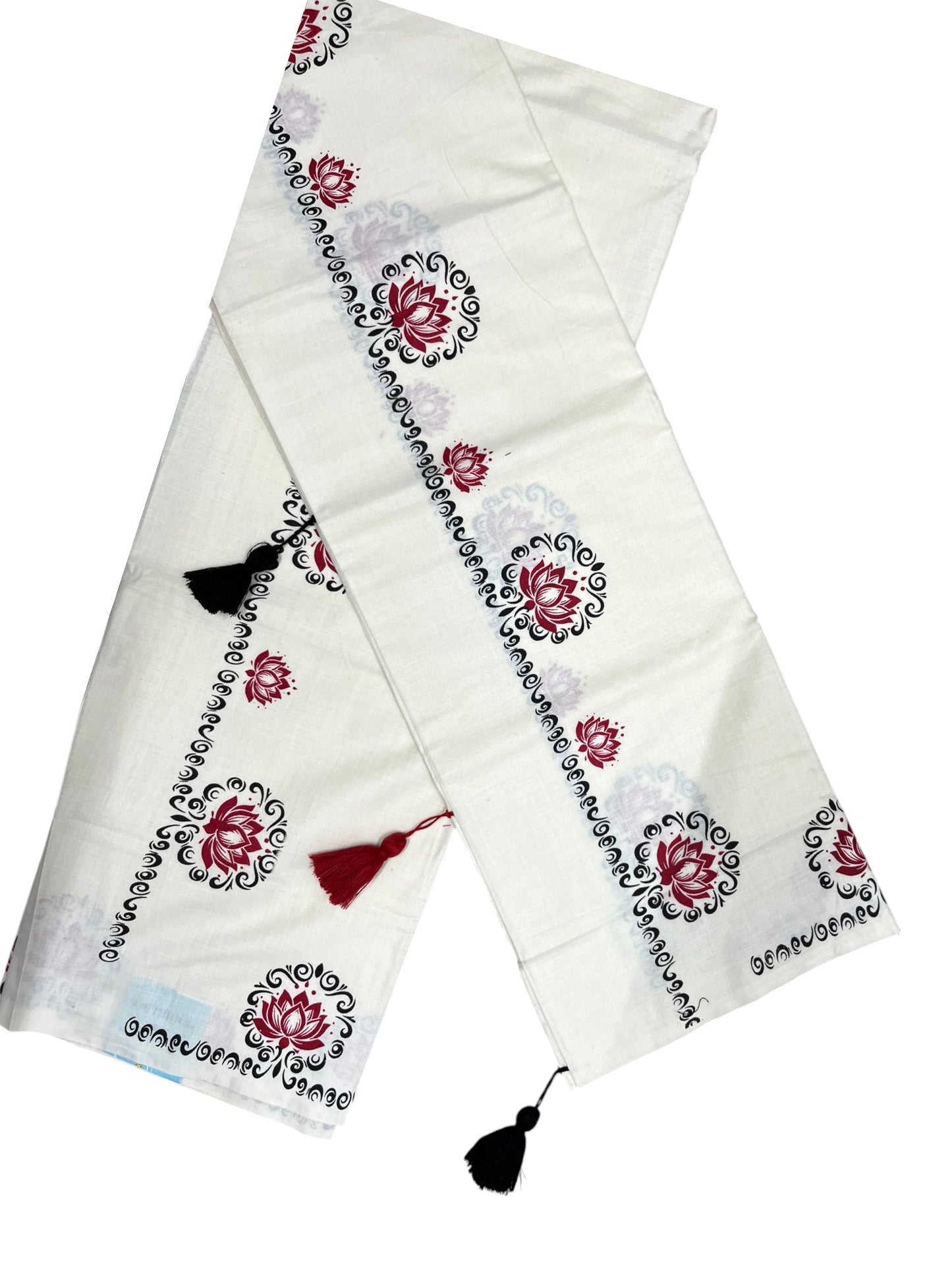 Southloom Kerala Cotton Single Set Mundu (Mundum Neriyathum) with Red &Black Lotus Block Printed Design