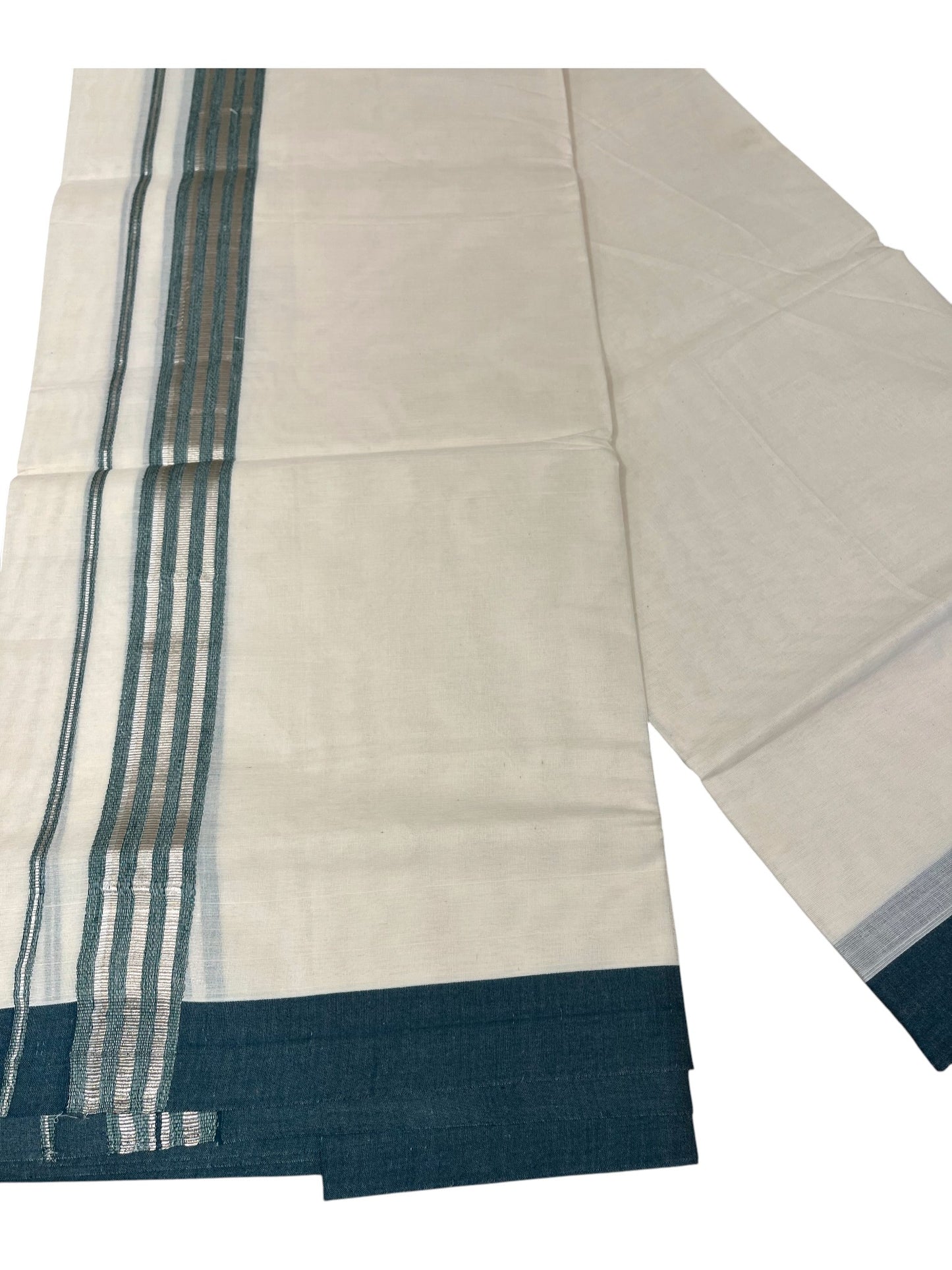 Southloom Kerala Pure Cotton Double Mundu with Green And Silver Lines Border (South Indian Dhoti)