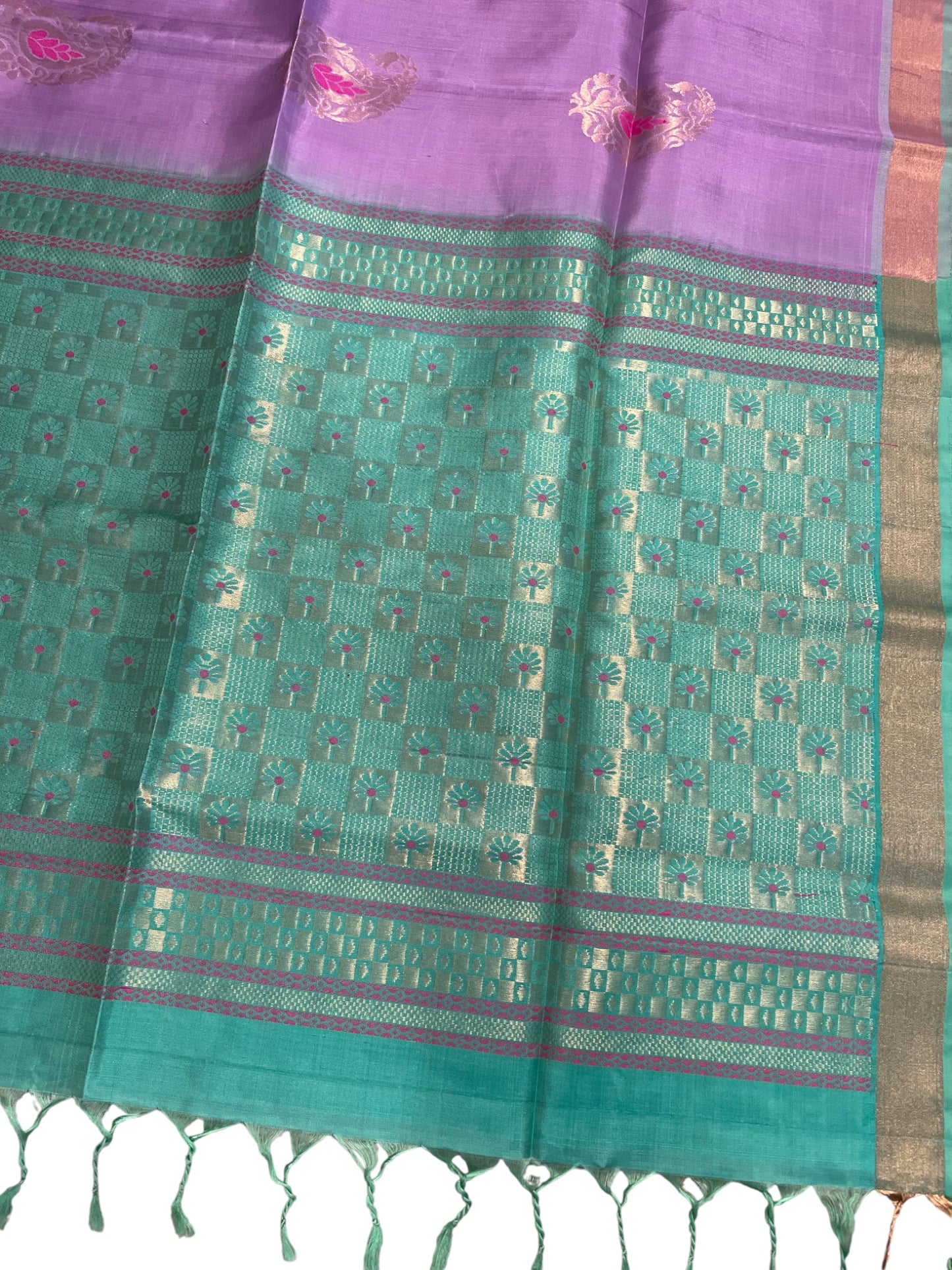 Southloom Pure Handloom Bridal Kanchipuram Silk Saree with Korvai Work (Lavender & Green)