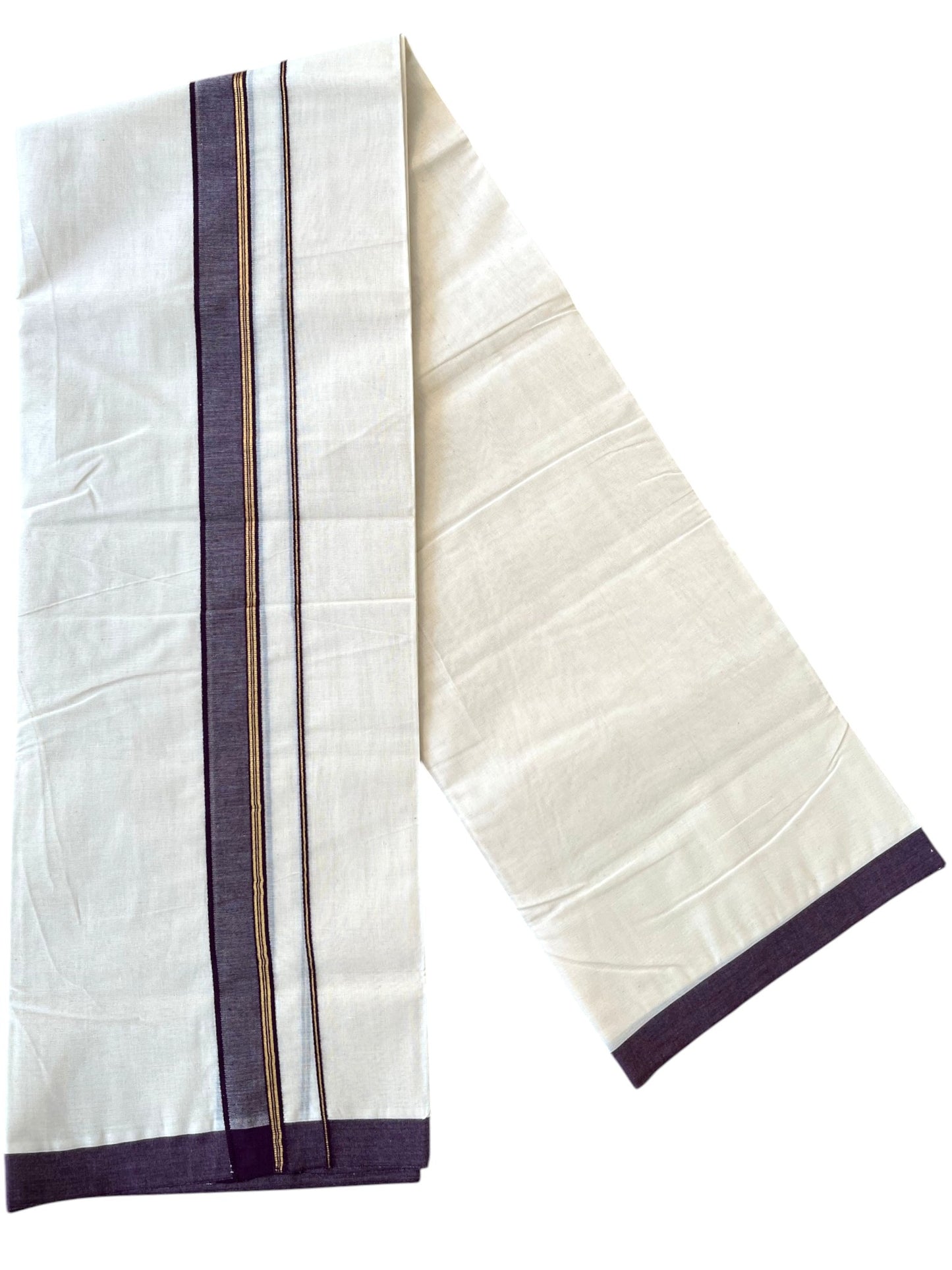 Southloom Pure Cotton Mundu with Golden Lines and Purple Border (South Indian Kerala Dhoti)