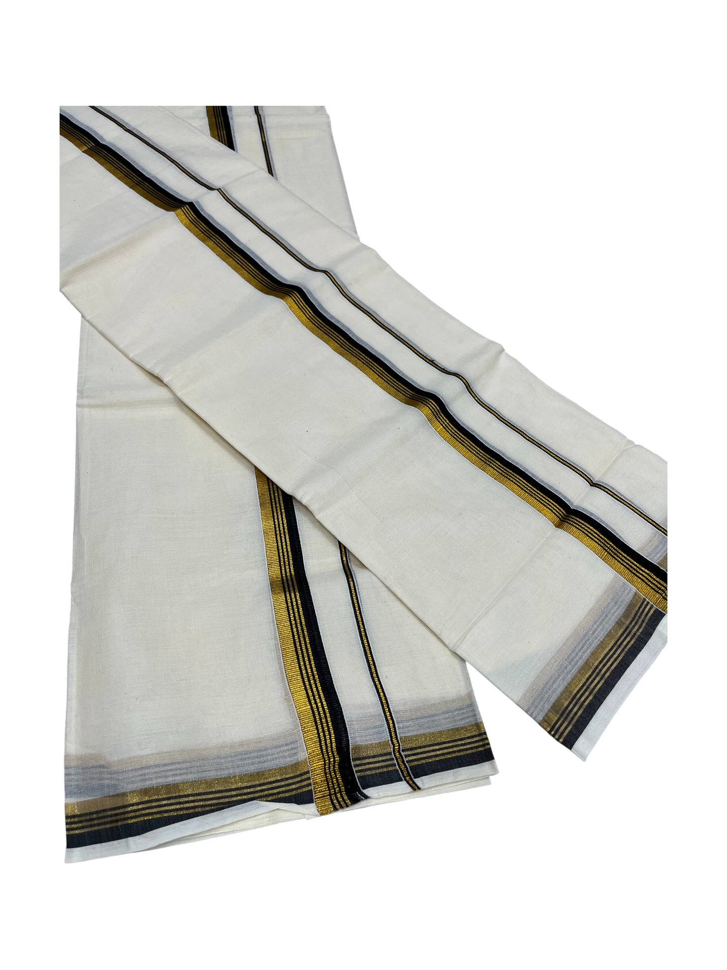 Pure Cotton Kerala Single Set Mundu (Mundum Neriyathum) with Black Kasavu Border in 2.80 Mtrs