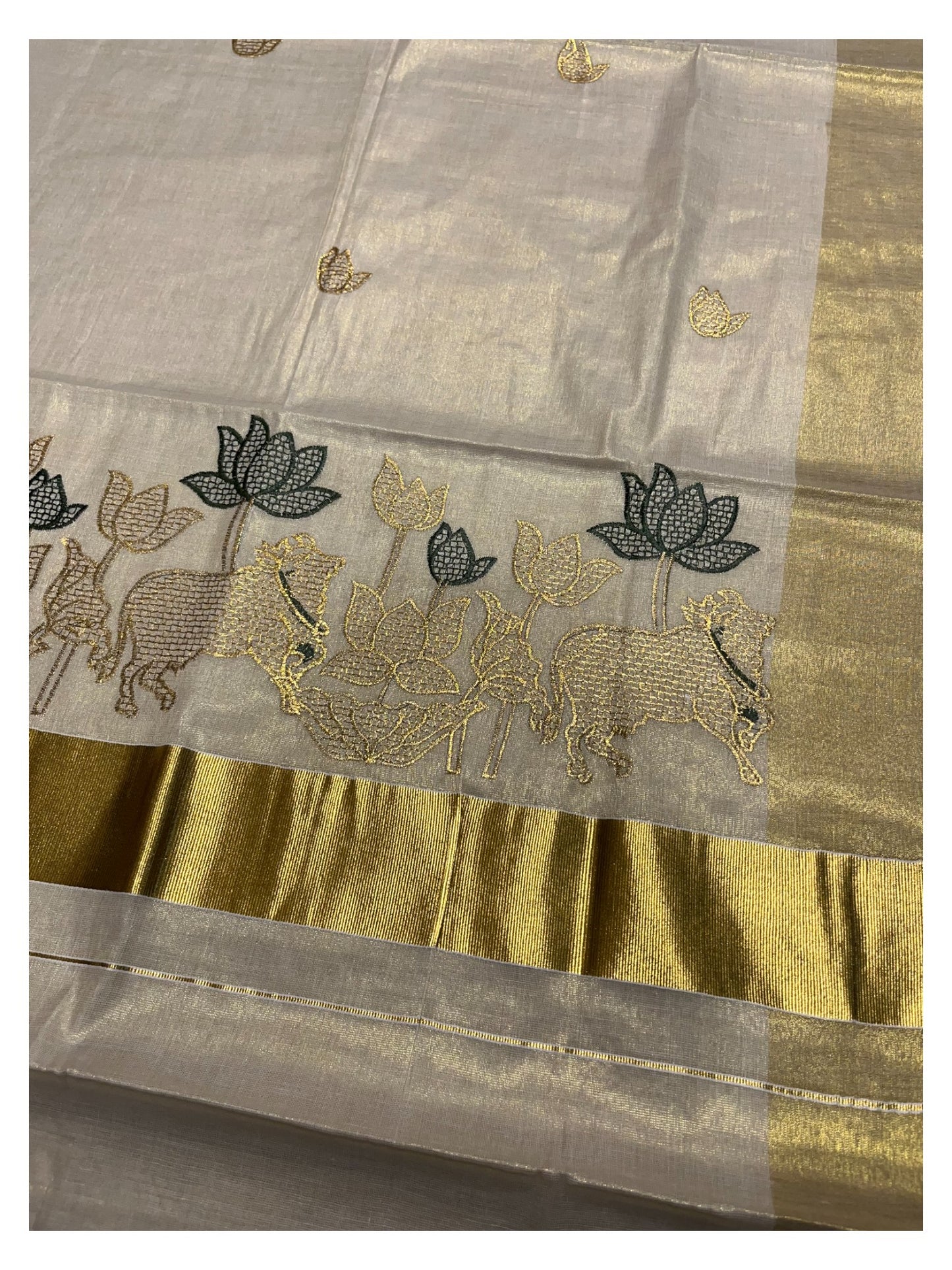 Southloom Tissue Kerala Kasavu Saree with Black & Golden Embroidery Works