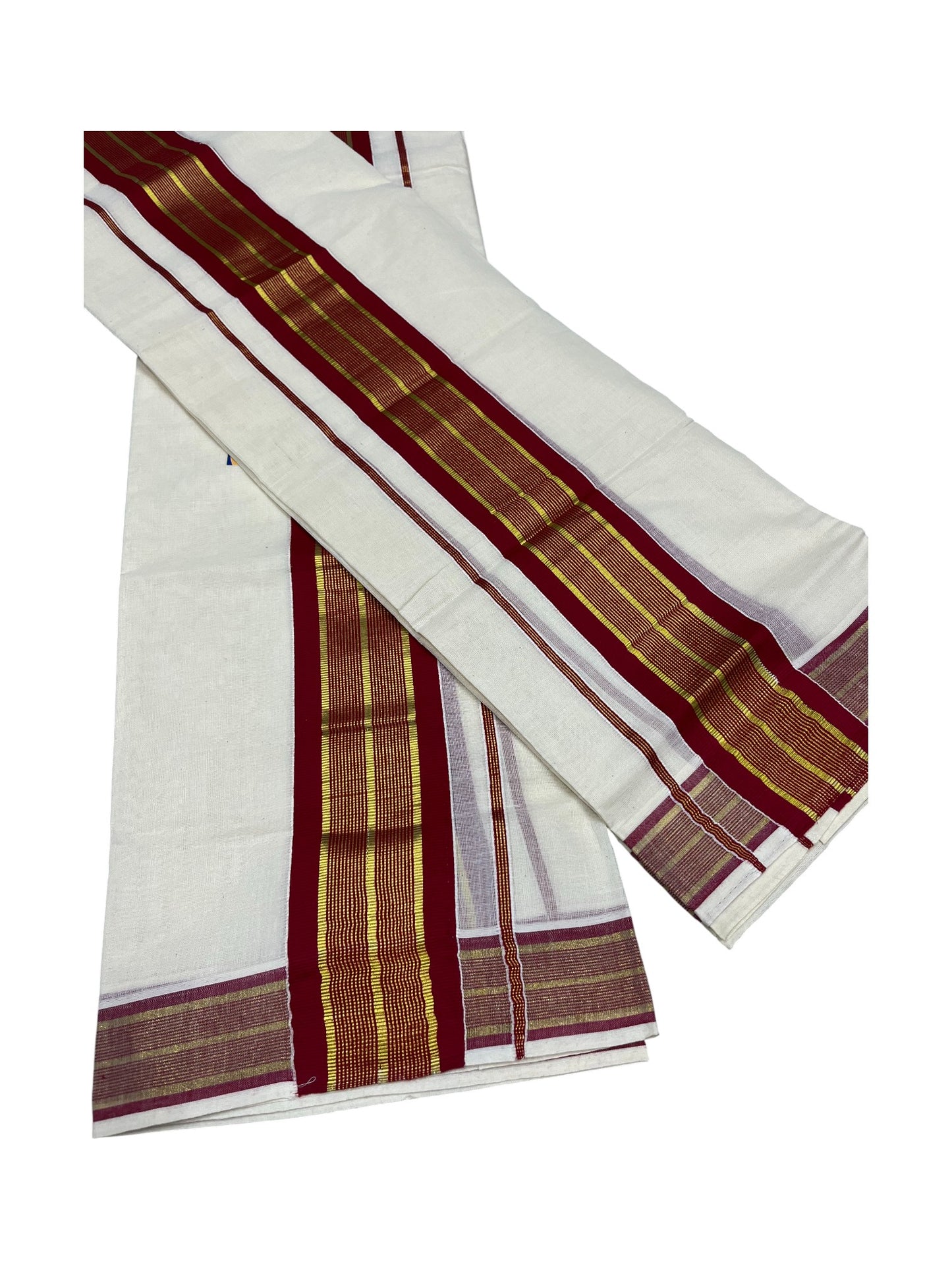 Kerala Cotton Kasavu Single Set Mundu (Mundum Neriyathum) with Maroon Kasavu Border in 2.80 Mtrs SLKK SL470