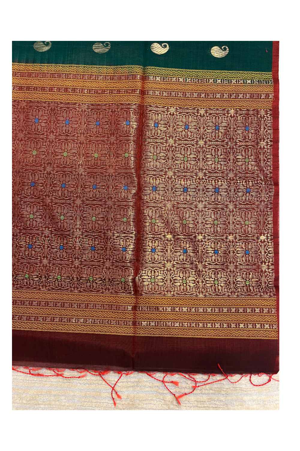 Southloom Pure Handloom Cotton Silk Saree With Handwoven Work Across Body and Blouse in Green And Brown